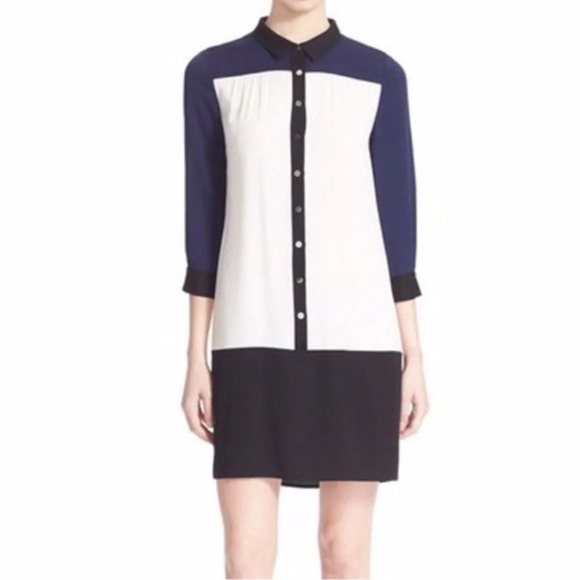 Diane Von Furstenberg Billie Silk Blend Preppy Colorblock Shirt Dress Size 10 - Picture 1 of 13